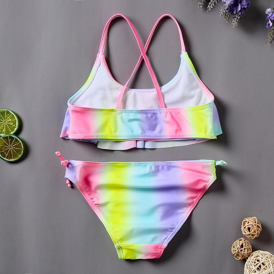 Two Piece Girls Swimsuit Rainbow Children's Swimwear Two Piece Bathing Suit 2-12 Years Swimsuit Pieces Bathing Suits With Ruffles Hollowed Flounce Bikini With Adjustable Straps For Girls