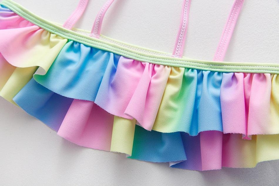 Two Piece Girls Swimsuit Rainbow Children's Swimwear Two Piece Bathing Suit 2-12 Years Swimsuit Pieces Bathing Suits With Ruffles Hollowed Flounce Bikini With Adjustable Straps For Girls