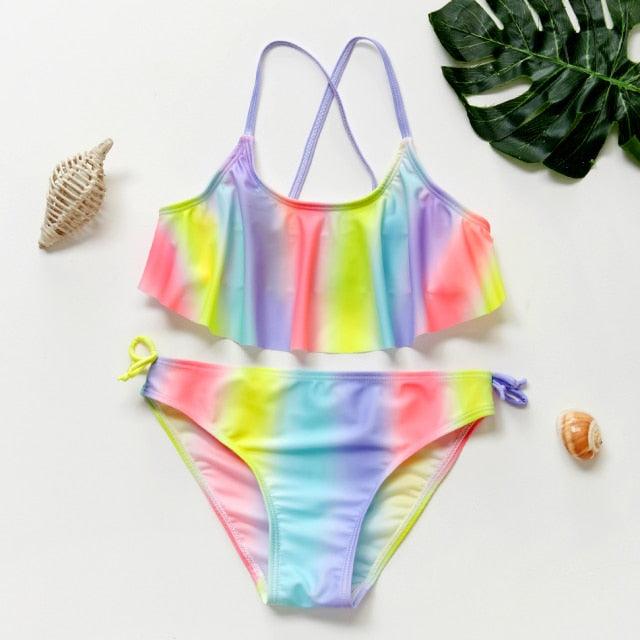 Two Piece Girls Swimsuit Rainbow Children's Swimwear Two Piece Bathing Suit 2-12 Years Swimsuit Pieces Bathing Suits With Ruffles Hollowed Flounce Bikini With Adjustable Straps For Girls