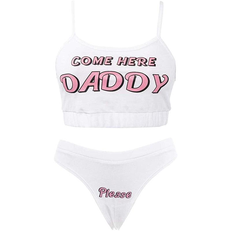 Two Piece Set Fashion COME HERE DADDY Letter Print Tank Top Sleeveless Summer Cropped Bikini Women's 2Pcs Come Here Yes Daddy Please Printed Bikini Swimsuit Bathing Suit Padded Bra Top Panty Set Swimwear