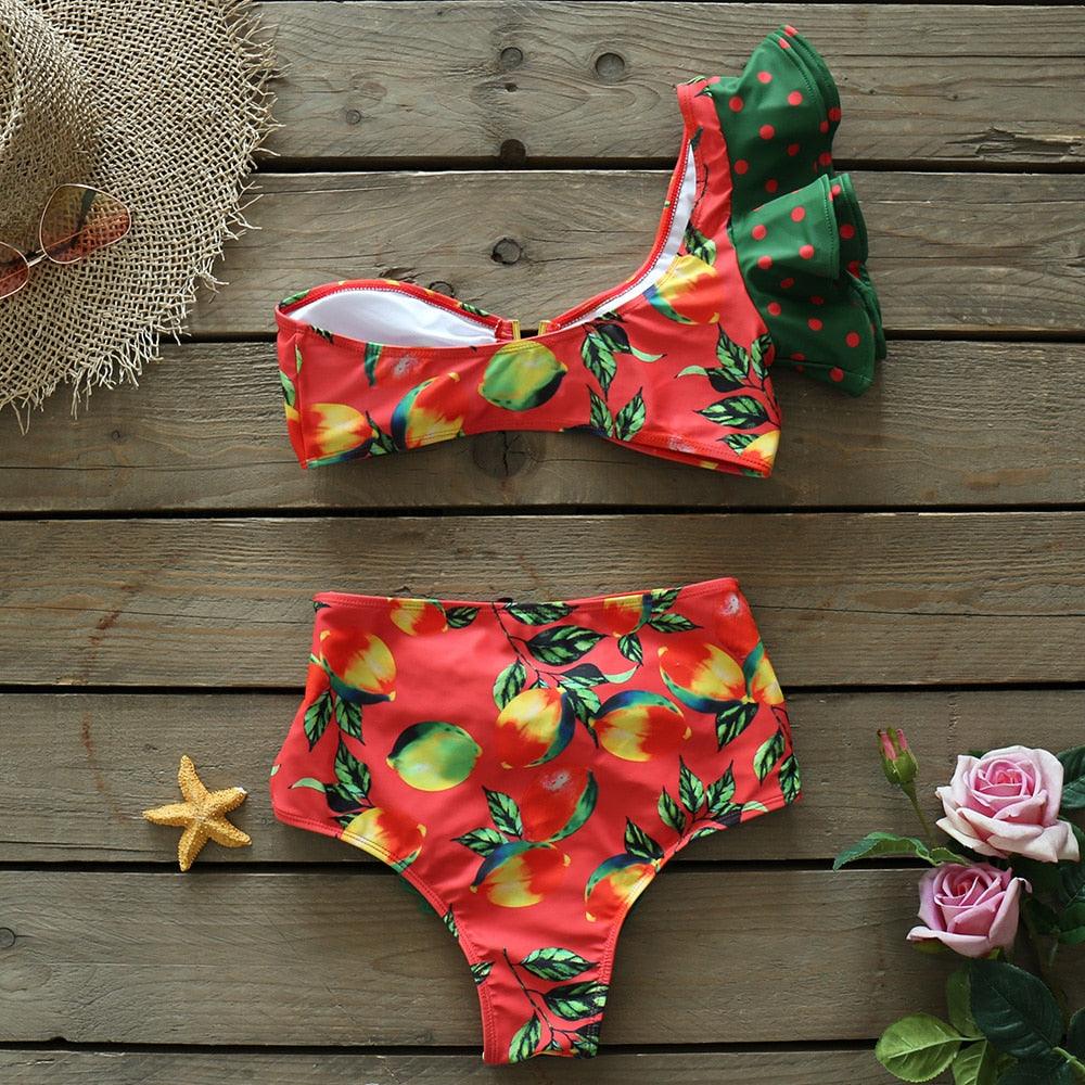 Two-Pieces Women Floral Push-Up Padded Bra Ruffles Bikini Set Swimsuit Swimwear Bathing Suit Beachwear Floral Printed Swimsuit Knotted String Triangle Bikini Tie Side High Cut Cheeky Bikini Set