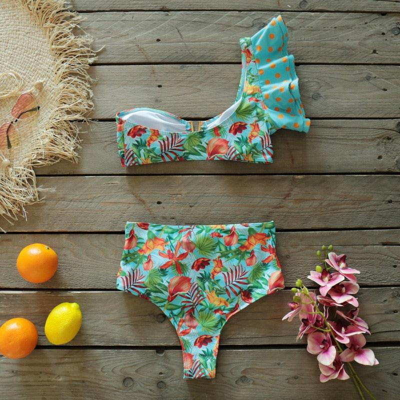 Two-Pieces Women Floral Push-Up Padded Bra Ruffles Bikini Set Swimsuit Swimwear Bathing Suit Beachwear Floral Printed Swimsuit Knotted String Triangle Bikini Tie Side High Cut Cheeky Bikini Set