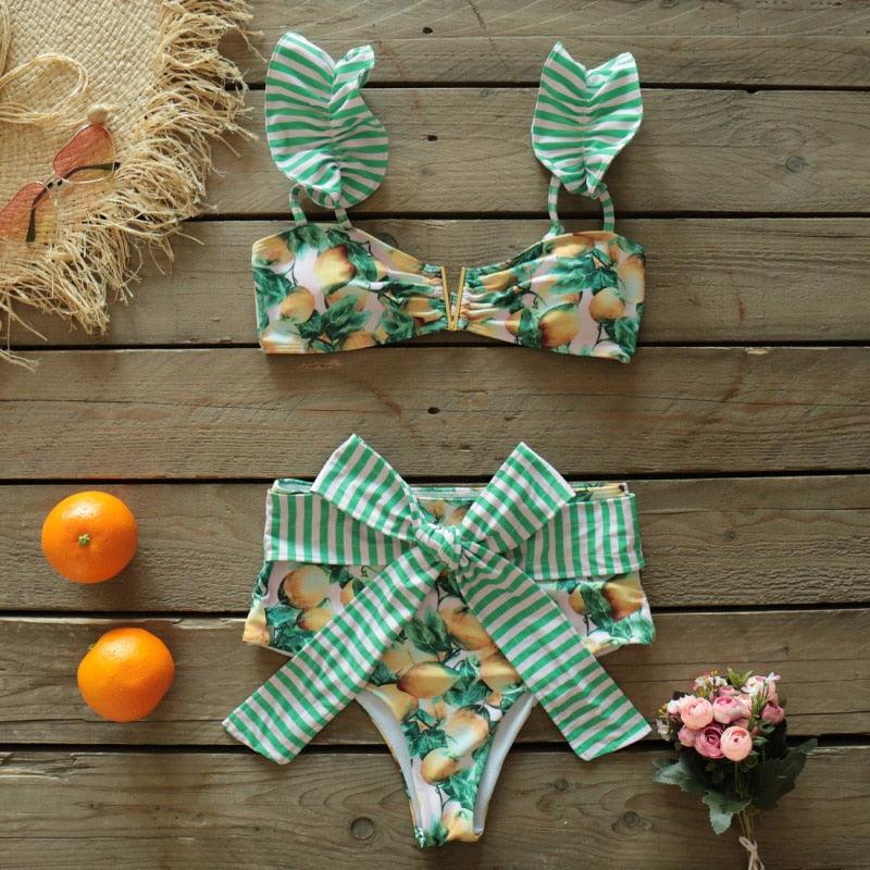 Two-Pieces Women Floral Push-Up Padded Bra Ruffles Bikini Set Swimsuit Swimwear Bathing Suit Beachwear Floral Printed Swimsuit Knotted String Triangle Bikini Tie Side High Cut Cheeky Bikini Set