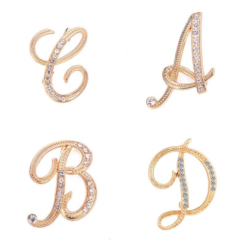 Unisex A-Z Letter Brooch Luxury Women Rhinestones Crystal Men Gold English Alphabet Metal Pins Crystal Brooch Pin 26 English Letters Couple Memorial Jewelry Love Gifts Women Men Clothing Accessories Corsage Jewelry Accessories