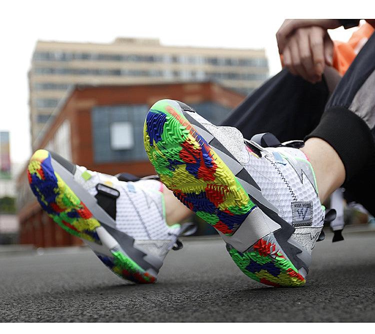 Unisex Modern Breathable Soft High Top Basketball Shoes Outdoor Street Sneakers Men Fashion Rainbow Basketball Shoes Fashion Sports Shoes Breathable Non-Slip Soft Sneakers