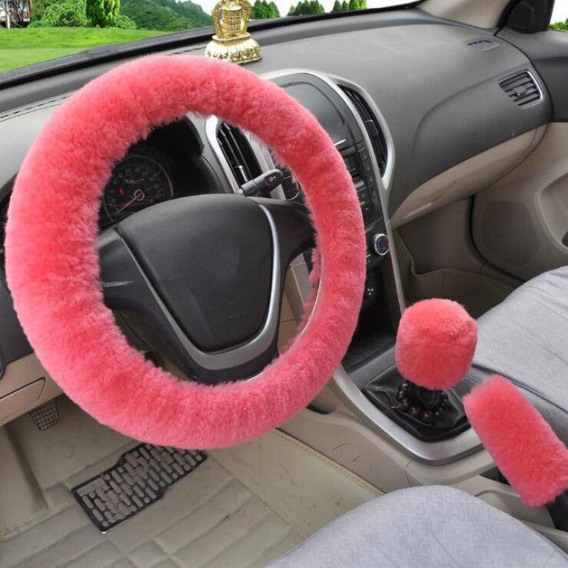 Universal Cute and Stylish Fluffy Fur Steering Wheel Cover Steering-wheel Plush Car Steering Wheel Warm Soft Fur Fuzzy Steering Wheel Covers Winter Faux fur Hand Brake & Gear Cover Set Car Interior Accessories Fuzzy Steering Wheel Cover for Women