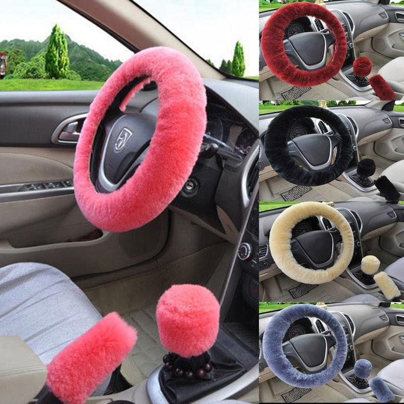 Universal Cute and Stylish Fluffy Fur Steering Wheel Cover Steering-wheel Plush Car Steering Wheel Warm Soft Fur Fuzzy Steering Wheel Covers Winter Faux fur Hand Brake & Gear Cover Set Car Interior Accessories Fuzzy Steering Wheel Cover for Women