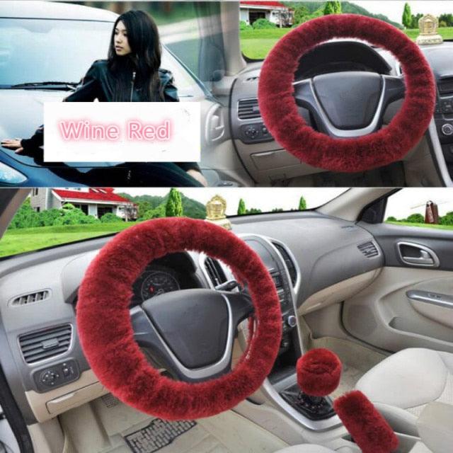 Universal Cute and Stylish Fluffy Fur Steering Wheel Cover Steering-wheel Plush Car Steering Wheel Warm Soft Fur Fuzzy Steering Wheel Covers Winter Faux fur Hand Brake & Gear Cover Set Car Interior Accessories Fuzzy Steering Wheel Cover for Women