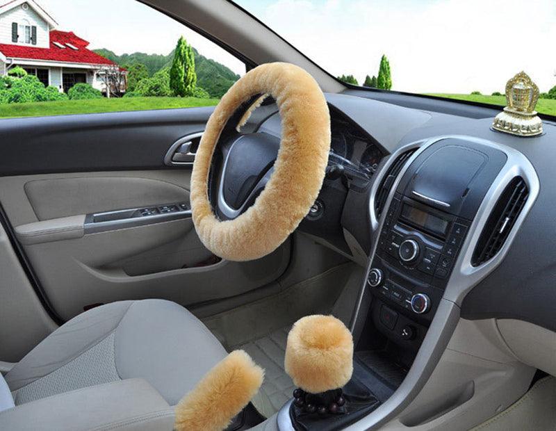 Universal Cute and Stylish Fluffy Fur Steering Wheel Cover Steering-wheel Plush Car Steering Wheel Warm Soft Fur Fuzzy Steering Wheel Covers Winter Faux fur Hand Brake & Gear Cover Set Car Interior Accessories Fuzzy Steering Wheel Cover for Women