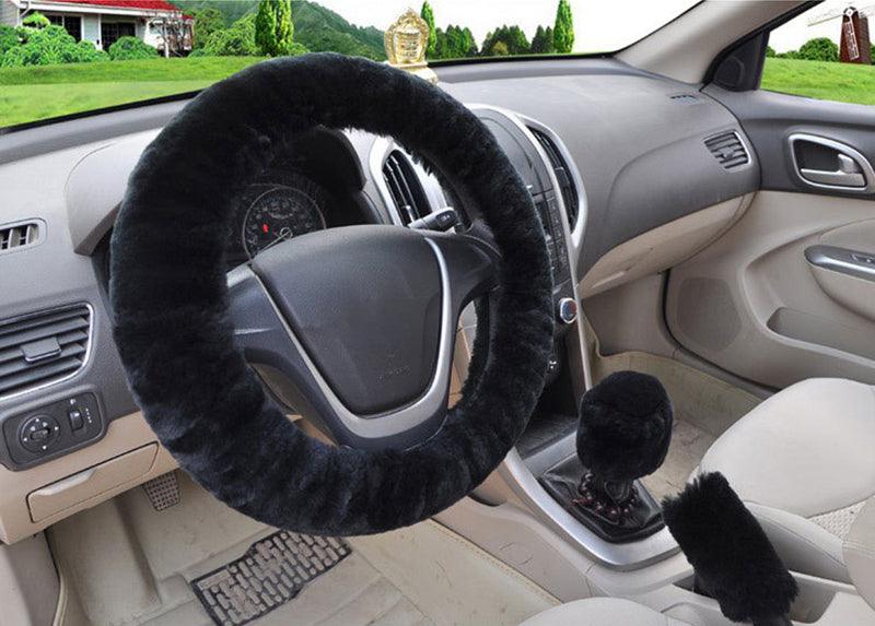 Universal Cute and Stylish Fluffy Fur Steering Wheel Cover Steering-wheel Plush Car Steering Wheel Warm Soft Fur Fuzzy Steering Wheel Covers Winter Faux fur Hand Brake & Gear Cover Set Car Interior Accessories Fuzzy Steering Wheel Cover for Women