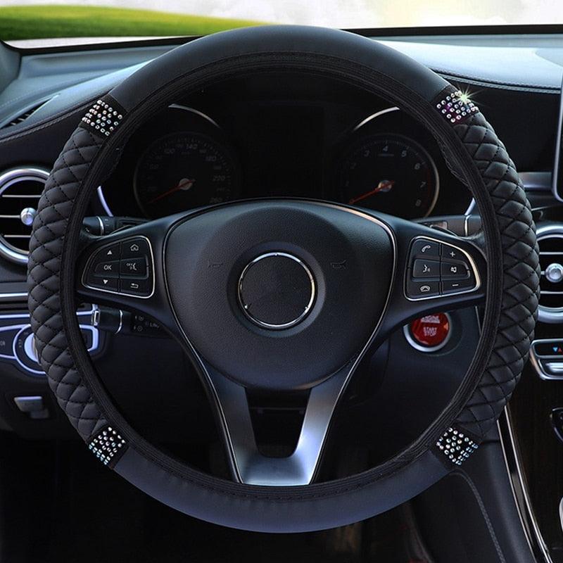 Universal PU Leather Bling Car Steering Wheel Cover Diamond Leather Steering Wheel Cover with Bling Crystal Rhinestones Steering Wheel for Women Girls, Universal Fit Rhinestone Steering Wheel Cover Case Auto Interior Decor 37-38cm