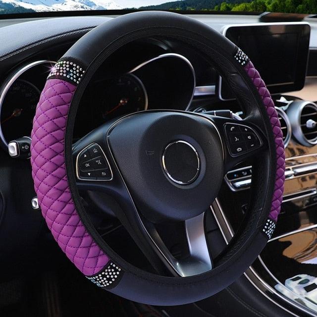 Universal PU Leather Bling Car Steering Wheel Cover Diamond Leather Steering Wheel Cover with Bling Crystal Rhinestones Steering Wheel for Women Girls, Universal Fit Rhinestone Steering Wheel Cover Case Auto Interior Decor 37-38cm