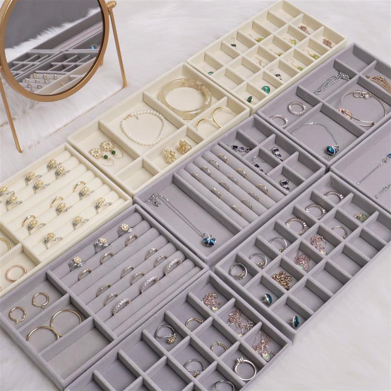 Upgrade Velvet Jewelry Storage Box Necklace Stackable Display Tray Bracelet Earring Organizers Handicrafts Drawer Box Grey Stackable Jewelry Inserts Compartments Velvet Display Storage Box for Necklace