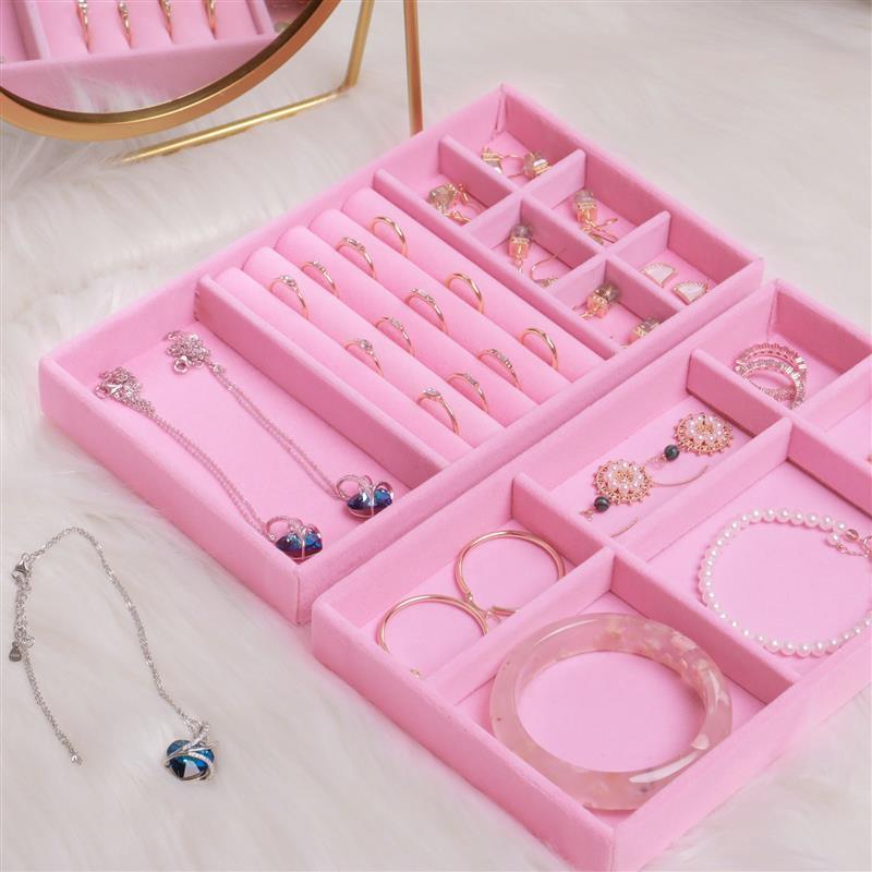 Upgrade Velvet Jewelry Storage Box Necklace Stackable Display Tray Bracelet Earring Organizers Handicrafts Drawer Box Grey Stackable Jewelry Inserts Compartments Velvet Display Storage Box for Necklace