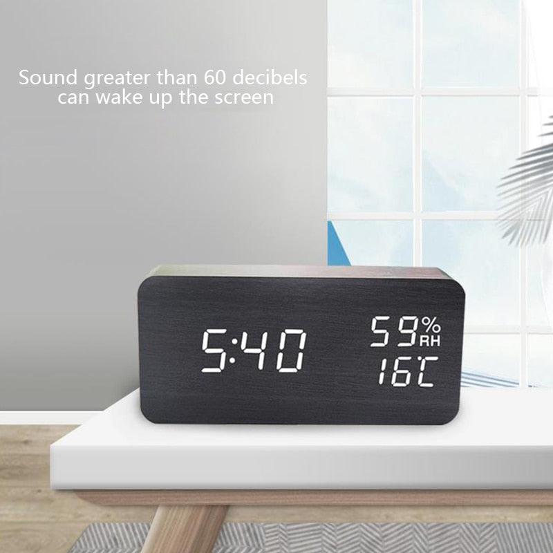 USB/AAA Powered LED Digital Clock Wooden Alarm Clock Table Clock Wooden Digital Alarm Clock with Wireless Charging 3 Alarms LED Display Sound Control and Snooze Dual for Bedroom Bedside Office Voice Control Electronic Clock Desktop Decor