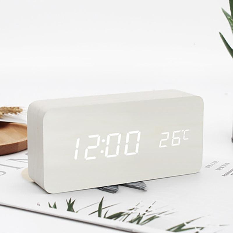 USB/AAA Powered LED Digital Clock Wooden Alarm Clock Table Clock Wooden Digital Alarm Clock with Wireless Charging 3 Alarms LED Display Sound Control and Snooze Dual for Bedroom Bedside Office Voice Control Electronic Clock Desktop Decor