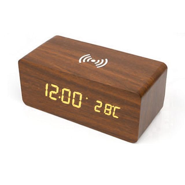 USB/AAA Powered LED Digital Clock Wooden Alarm Clock Table Clock Wooden Digital Alarm Clock with Wireless Charging 3 Alarms LED Display Sound Control and Snooze Dual for Bedroom Bedside Office Voice Control Electronic Clock Desktop Decor