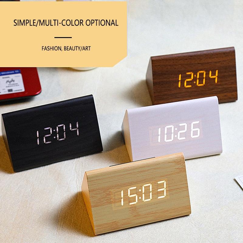 USB/AAA Powered LED Digital Clock Wooden Alarm Clock Table Clock Wooden Digital Alarm Clock with Wireless Charging 3 Alarms LED Display Sound Control and Snooze Dual for Bedroom Bedside Office Voice Control Electronic Clock Desktop Decor