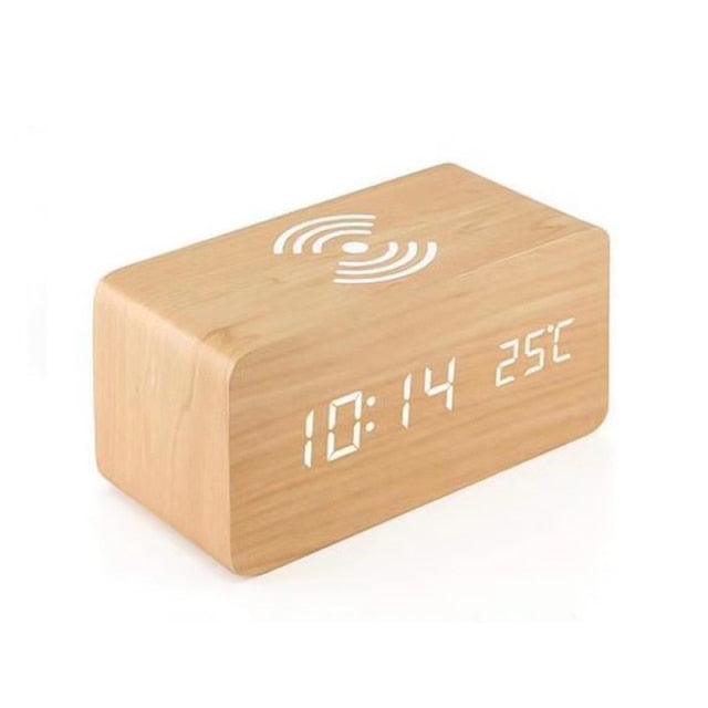 USB/AAA Powered LED Digital Clock Wooden Alarm Clock Table Clock Wooden Digital Alarm Clock with Wireless Charging 3 Alarms LED Display Sound Control and Snooze Dual for Bedroom Bedside Office Voice Control Electronic Clock Desktop Decor