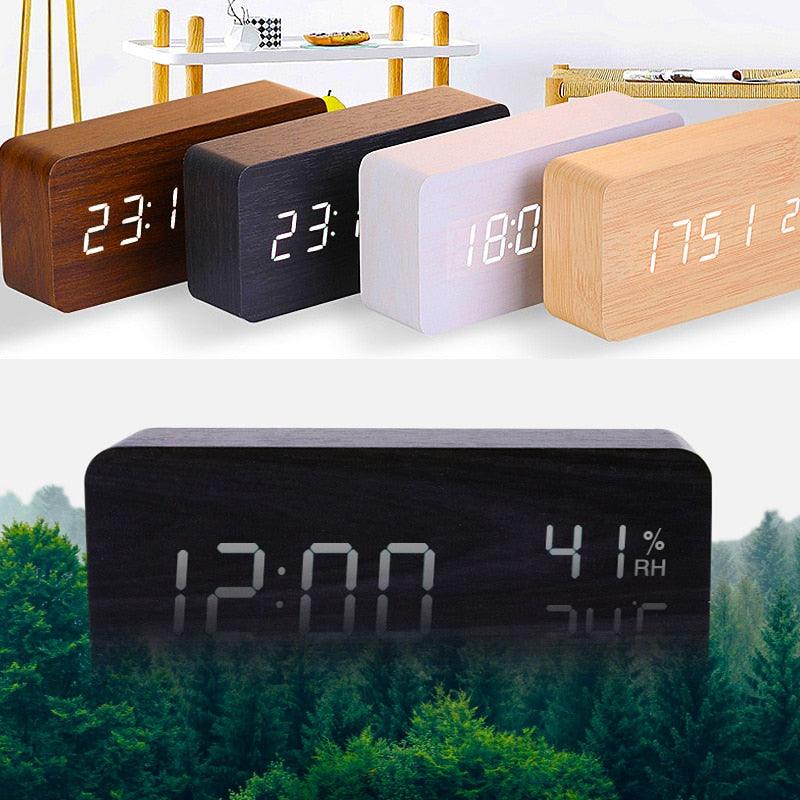 USB/AAA Powered LED Digital Clock Wooden Alarm Clock Table Clock Wooden Digital Alarm Clock with Wireless Charging 3 Alarms LED Display Sound Control and Snooze Dual for Bedroom Bedside Office Voice Control Electronic Clock Desktop Decor