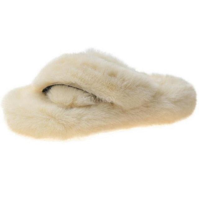 Warm Fluffy Fur Slippers Shoes Women Flip Flop Flat Furry Slides Outdoor Sandals Woman Open Toe Slippers Plush Cross Band Fleece Comfy Memory Foam House Indoor Winter Shoes