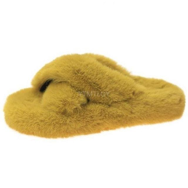 Warm Fluffy Fur Slippers Shoes Women Flip Flop Flat Furry Slides Outdoor Sandals Woman Open Toe Slippers Plush Cross Band Fleece Comfy Memory Foam House Indoor Winter Shoes