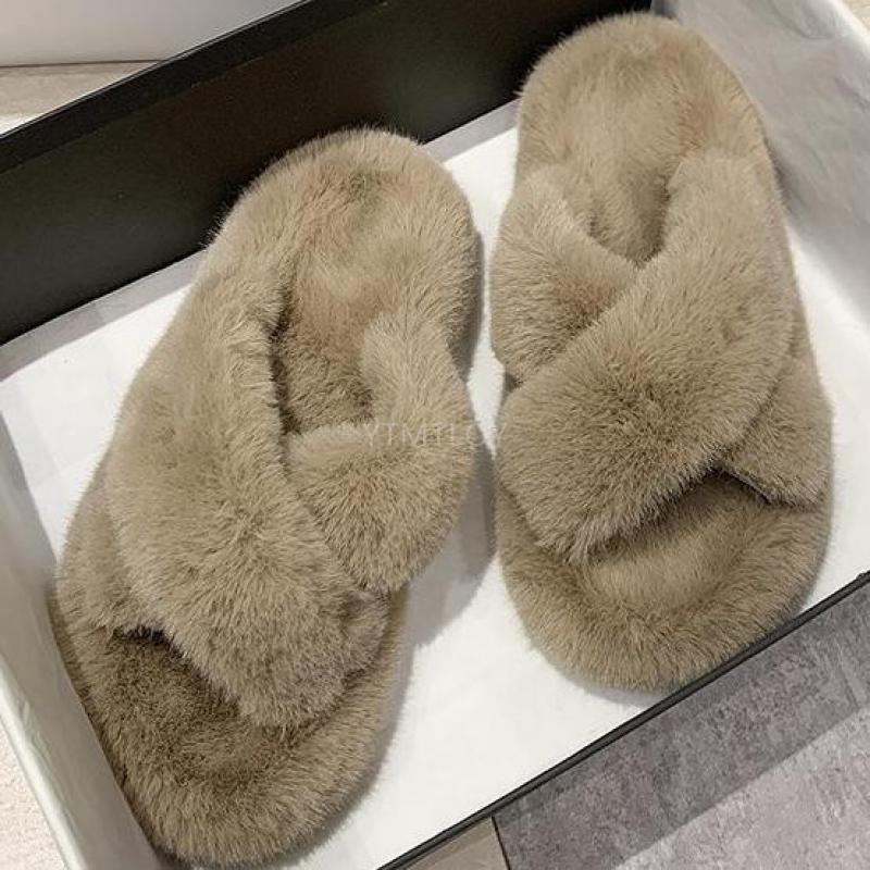 Warm Fluffy Fur Slippers Shoes Women Flip Flop Flat Furry Slides Outdoor Sandals Woman Open Toe Slippers Plush Cross Band Fleece Comfy Memory Foam House Indoor Winter Shoes