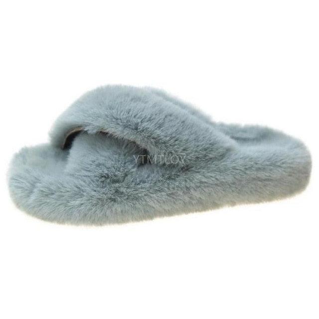 Warm Fluffy Fur Slippers Shoes Women Flip Flop Flat Furry Slides Outdoor Sandals Woman Open Toe Slippers Plush Cross Band Fleece Comfy Memory Foam House Indoor Winter Shoes