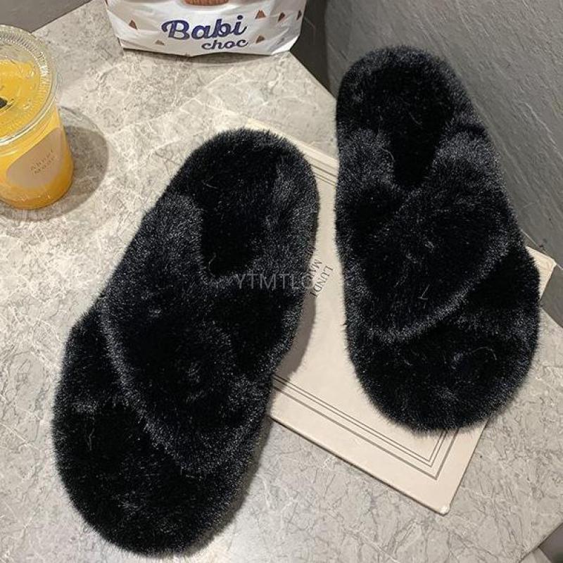 Warm Fluffy Fur Slippers Shoes Women Flip Flop Flat Furry Slides Outdoor Sandals Woman Open Toe Slippers Plush Cross Band Fleece Comfy Memory Foam House Indoor Winter Shoes