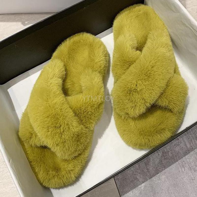 Warm Fluffy Fur Slippers Shoes Women Flip Flop Flat Furry Slides Outdoor Sandals Woman Open Toe Slippers Plush Cross Band Fleece Comfy Memory Foam House Indoor Winter Shoes