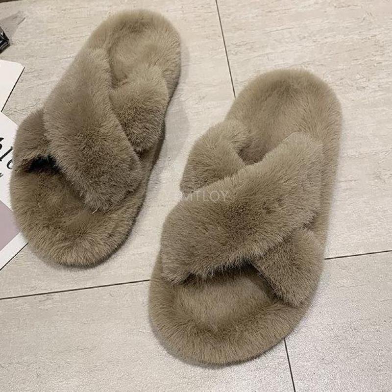 Warm Fluffy Fur Slippers Shoes Women Flip Flop Flat Furry Slides Outdoor Sandals Woman Open Toe Slippers Plush Cross Band Fleece Comfy Memory Foam House Indoor Winter Shoes