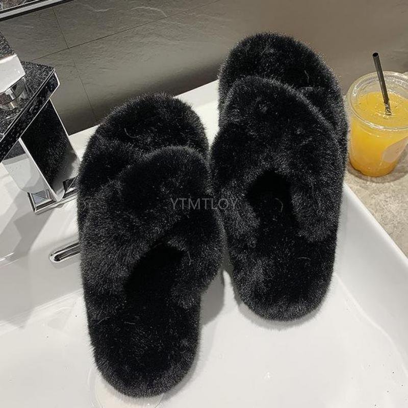 Warm Fluffy Fur Slippers Shoes Women Flip Flop Flat Furry Slides Outdoor Sandals Woman Open Toe Slippers Plush Cross Band Fleece Comfy Memory Foam House Indoor Winter Shoes