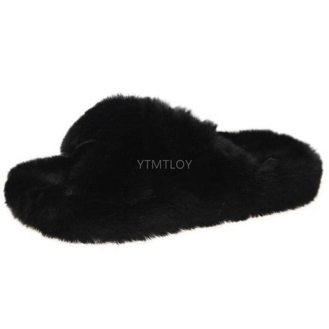 Warm Fluffy Fur Slippers Shoes Women Flip Flop Flat Furry Slides Outdoor Sandals Woman Open Toe Slippers Plush Cross Band Fleece Comfy Memory Foam House Indoor Winter Shoes