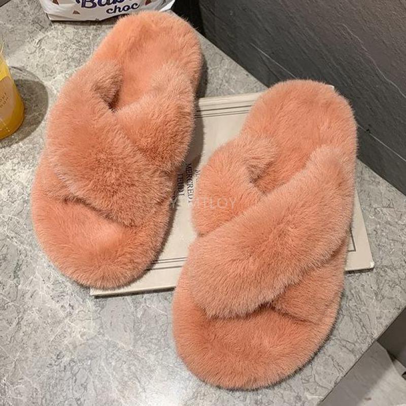 Warm Fluffy Fur Slippers Shoes Women Flip Flop Flat Furry Slides Outdoor Sandals Woman Open Toe Slippers Plush Cross Band Fleece Comfy Memory Foam House Indoor Winter Shoes