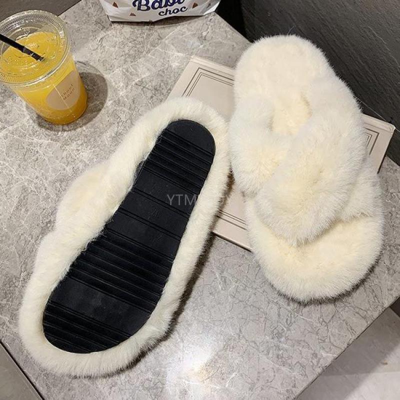 Warm Fluffy Fur Slippers Shoes Women Flip Flop Flat Furry Slides Outdoor Sandals Woman Open Toe Slippers Plush Cross Band Fleece Comfy Memory Foam House Indoor Winter Shoes