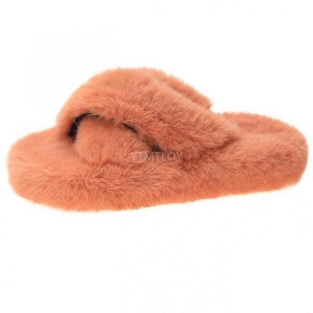 Warm Fluffy Fur Slippers Shoes Women Flip Flop Flat Furry Slides Outdoor Sandals Woman Open Toe Slippers Plush Cross Band Fleece Comfy Memory Foam House Indoor Winter Shoes