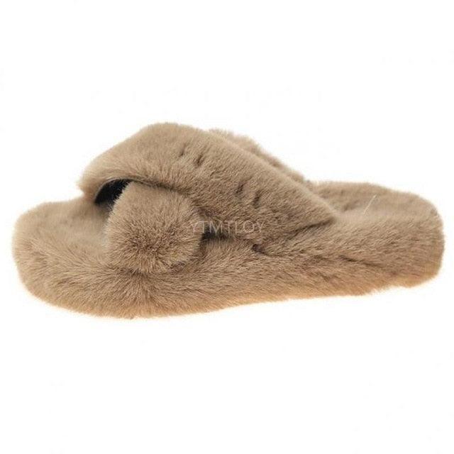 Warm Fluffy Fur Slippers Shoes Women Flip Flop Flat Furry Slides Outdoor Sandals Woman Open Toe Slippers Plush Cross Band Fleece Comfy Memory Foam House Indoor Winter Shoes