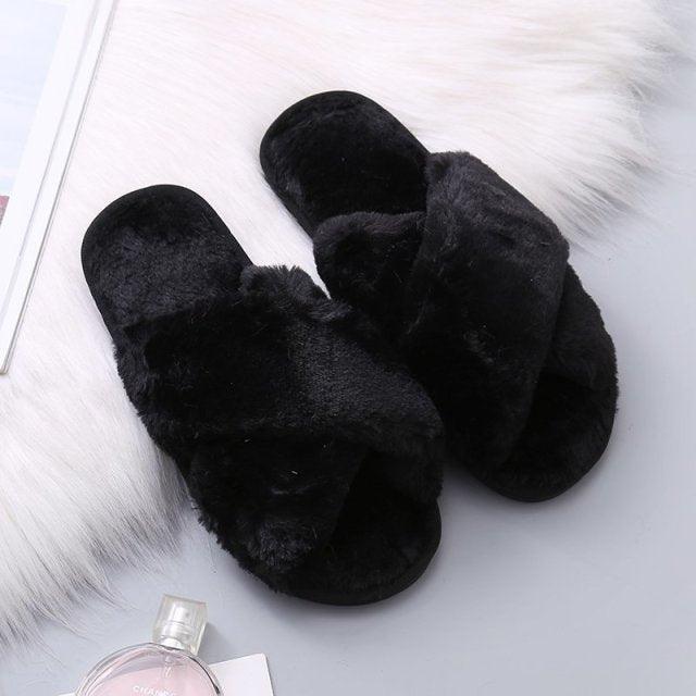 Warm Fluffy Slippers Women Cozy Faux Fur Cross Indoor Floor Slides Flat Soft Furry Flip Flops Fuzzy Slippers Cross Band Fluffy Slippers Faux Fur Slippers Plush House Open Toe Cozy Slippers For Women