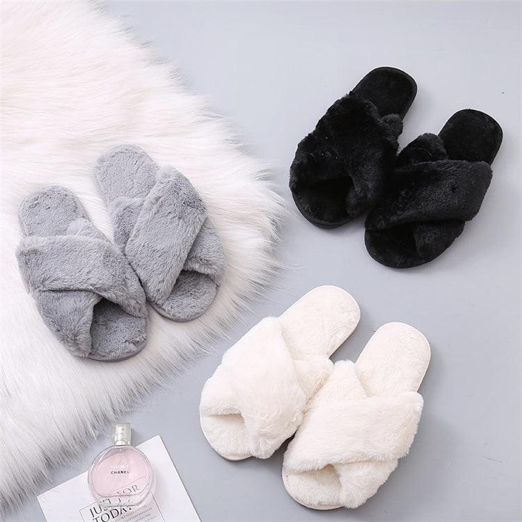 Warm Fluffy Slippers Women Cozy Faux Fur Cross Indoor Floor Slides Flat Soft Furry Flip Flops Fuzzy Slippers Cross Band Fluffy Slippers Faux Fur Slippers Plush House Open Toe Cozy Slippers For Women