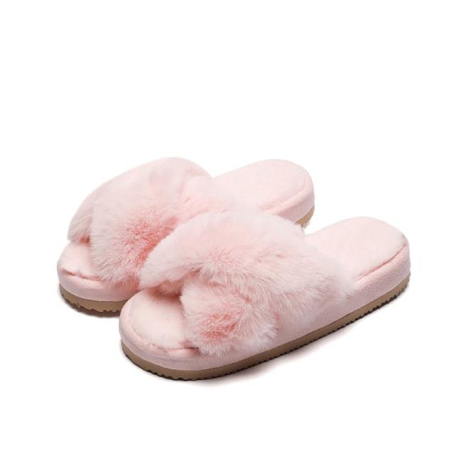 Warm Fluffy Slippers Women Cozy Faux Fur Cross Indoor Floor Slides Flat Soft Furry Flip Flops Fuzzy Slippers Cross Band Fluffy Slippers Faux Fur Slippers Plush House Open Toe Cozy Slippers For Women