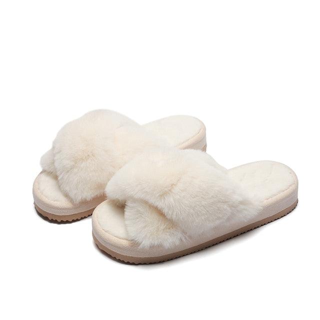 Warm Fluffy Slippers Women Cozy Faux Fur Cross Indoor Floor Slides Flat Soft Furry Flip Flops Fuzzy Slippers Cross Band Fluffy Slippers Faux Fur Slippers Plush House Open Toe Cozy Slippers For Women