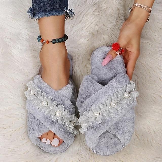 Warm Fluffy Slippers Women Cozy Faux Fur Cross Indoor Floor Slides Flat Soft Furry Flip Flops Fuzzy Slippers Cross Band Fluffy Slippers Faux Fur Slippers Plush House Open Toe Cozy Slippers For Women