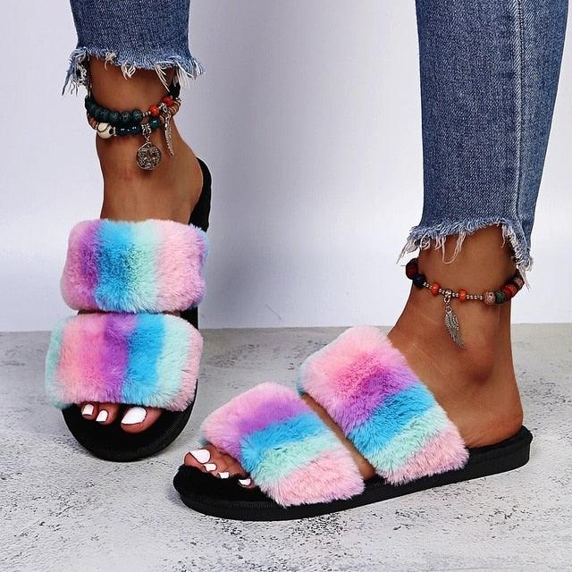 Warm Fluffy Slippers Women Cozy Faux Fur Cross Indoor Floor Slides Flat Soft Furry Flip Flops Fuzzy Slippers Cross Band Fluffy Slippers Faux Fur Slippers Plush House Open Toe Cozy Slippers For Women