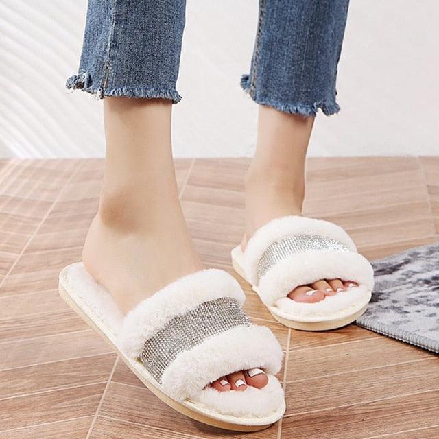 Warm Fluffy Slippers Women Cozy Faux Fur Cross Indoor Floor Slides Flat Soft Furry Flip Flops Fuzzy Slippers Cross Band Fluffy Slippers Faux Fur Slippers Plush House Open Toe Cozy Slippers For Women