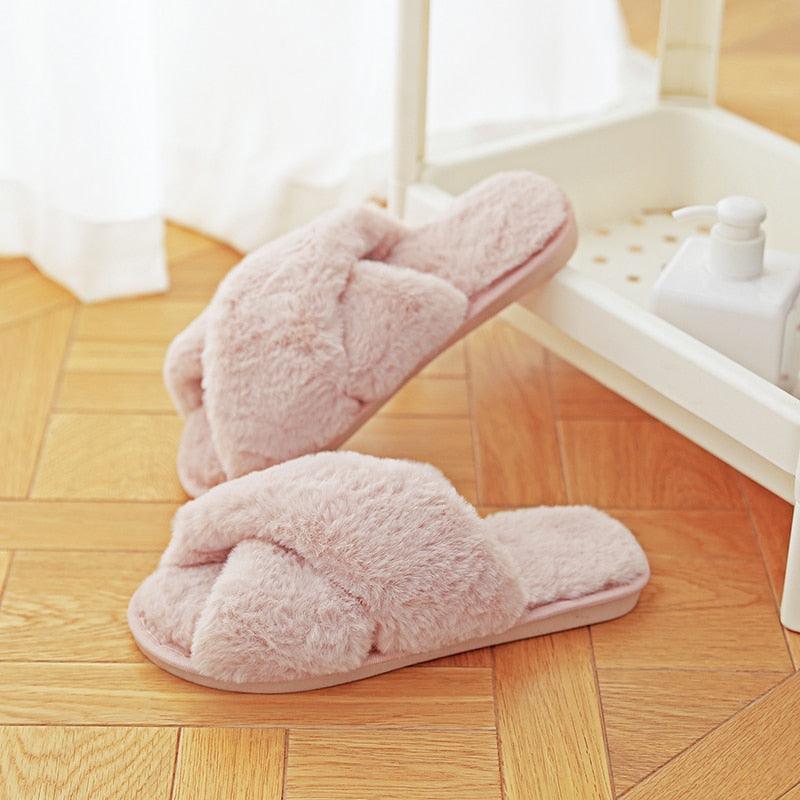 Warm Fluffy Slippers Women Cozy Faux Fur Cross Indoor Floor Slides Flat Soft Furry Flip Flops Fuzzy Slippers Cross Band Fluffy Slippers Faux Fur Slippers Plush House Open Toe Cozy Slippers For Women