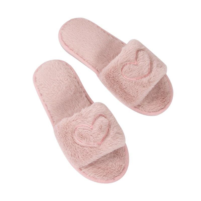 Warm Fluffy Slippers Women Faux Fur Slipper Indoor Floor Slides Flat Soft Furry House Shoes Heart Shape Flip Flops Faux Fur Memory Foam Cozy Flat Spa Slide Slippers Comfy Open Toe Design