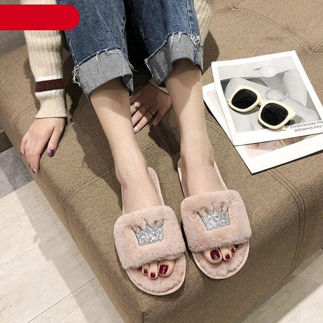 Warm Fluffy Slippers Women Faux Fur Slipper Indoor Floor Slides Flat Soft Furry House Shoes Heart Shape Flip Flops Faux Fur Memory Foam Cozy Flat Spa Slide Slippers Comfy Open Toe Design