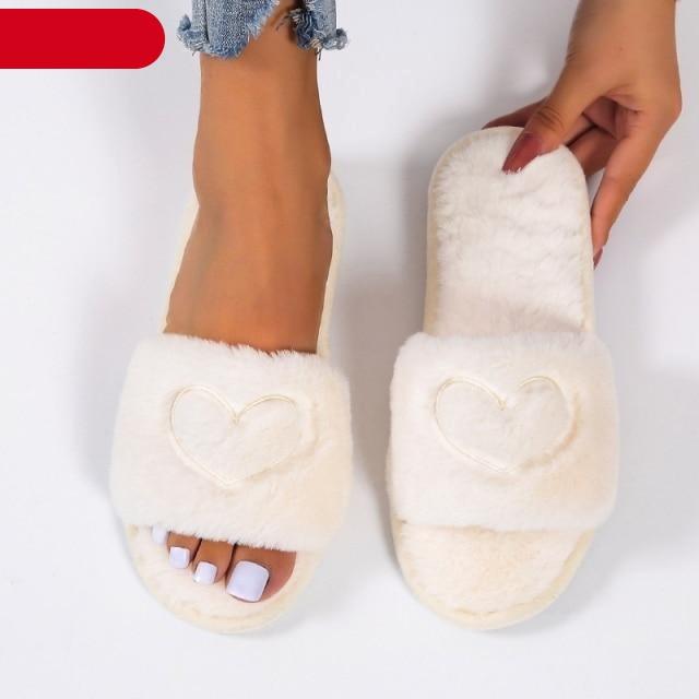 Warm Fluffy Slippers Women Faux Fur Slipper Indoor Floor Slides Flat Soft Furry House Shoes Heart Shape Flip Flops Faux Fur Memory Foam Cozy Flat Spa Slide Slippers Comfy Open Toe Design