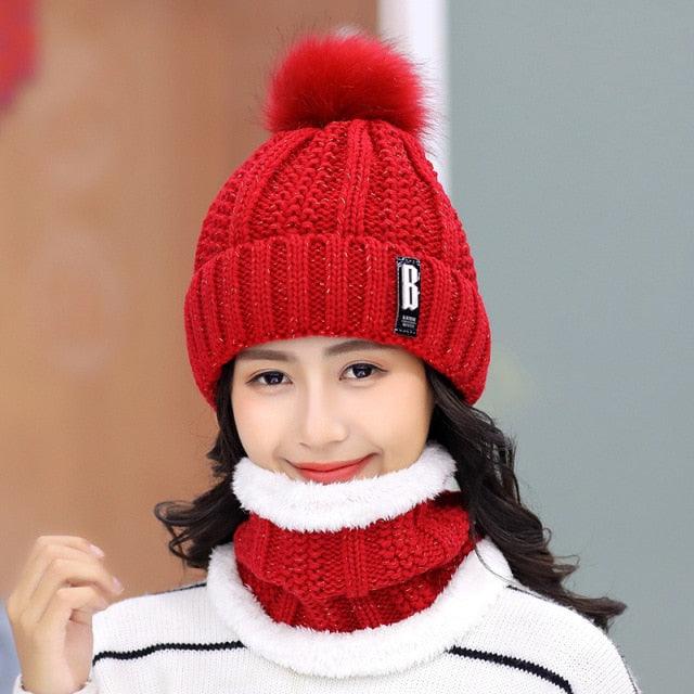 Warm Winter Skellies Beanies Knitted Hat Women Brand High Quality Winter Women Ball Ski Wool Fur Hat Pompoms Hats Knitted Scarf Women's Winter Beanie Hat, Warm Fleece Lined Knitted Soft Ski Cuff Cap with Pompom