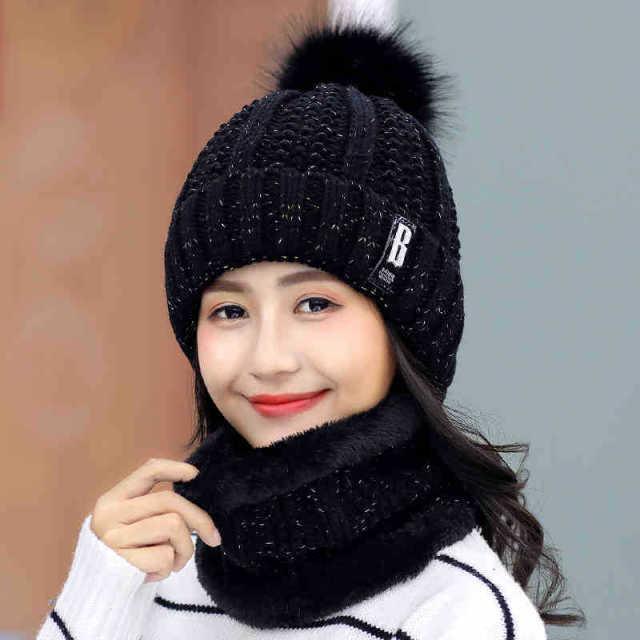 Warm Winter Skellies Beanies Knitted Hat Women Brand High Quality Winter Women Ball Ski Wool Fur Hat Pompoms Hats Knitted Scarf Women's Winter Beanie Hat, Warm Fleece Lined Knitted Soft Ski Cuff Cap with Pompom